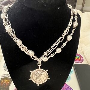 NWT silver tone three strand necklace by Dylan pearls cz paperclip chain